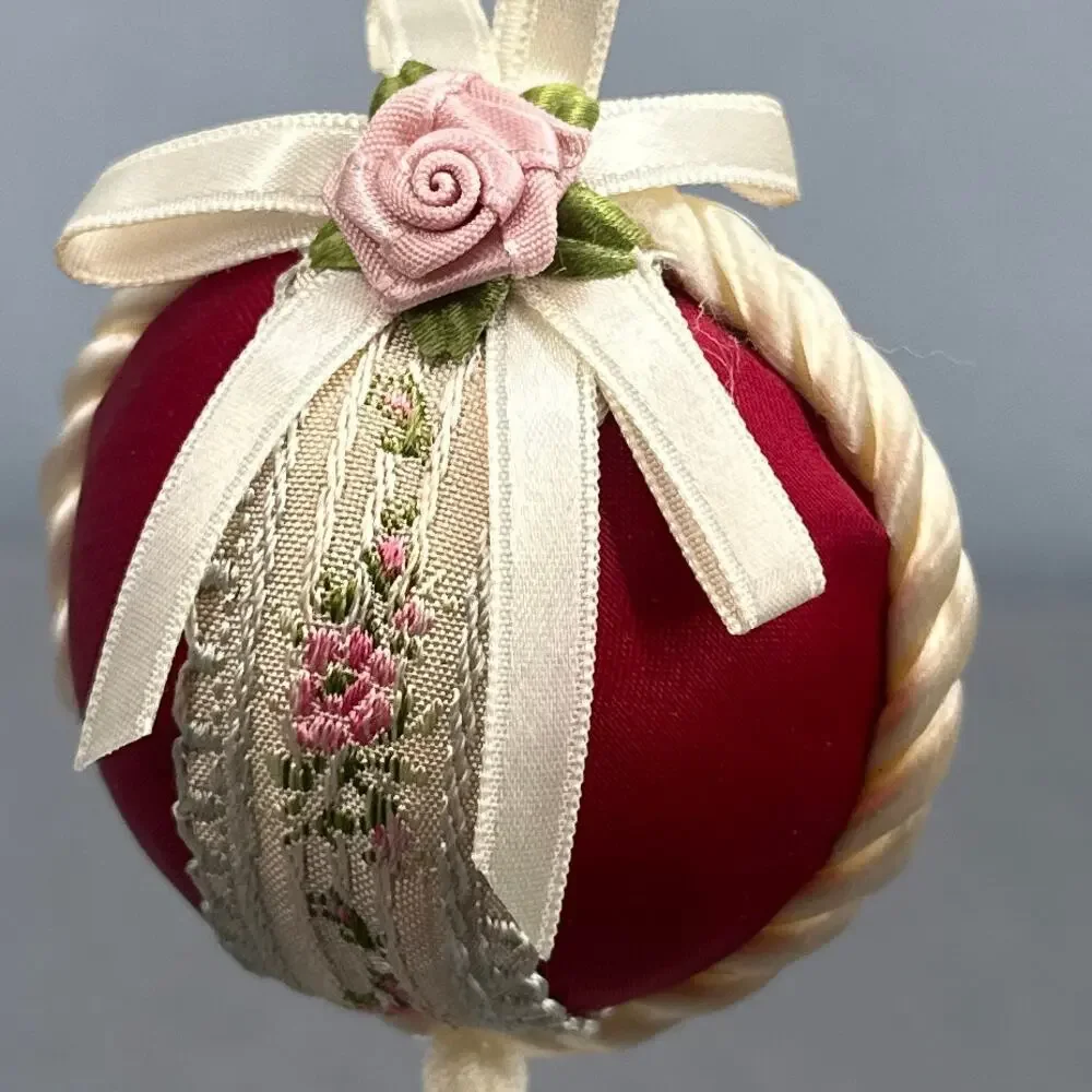 4 VTG Handmade Push Pin Satin Ball Ornament Bead Sequin Christmas ribbon Kitschy